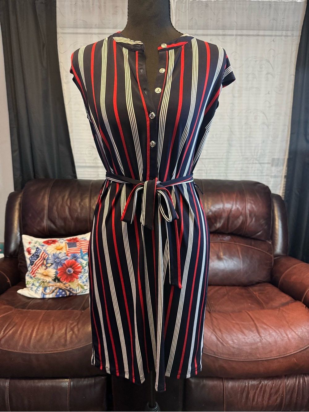 Enfocus Studio Black, Red & Cream Striped Belted Shirt Dress